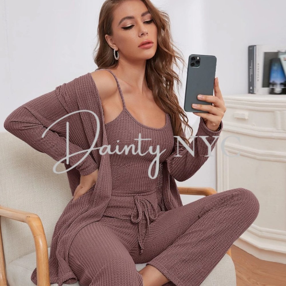 Mauve Waffle Weave 3 Piece Lounge Set - Picture 4 of 13